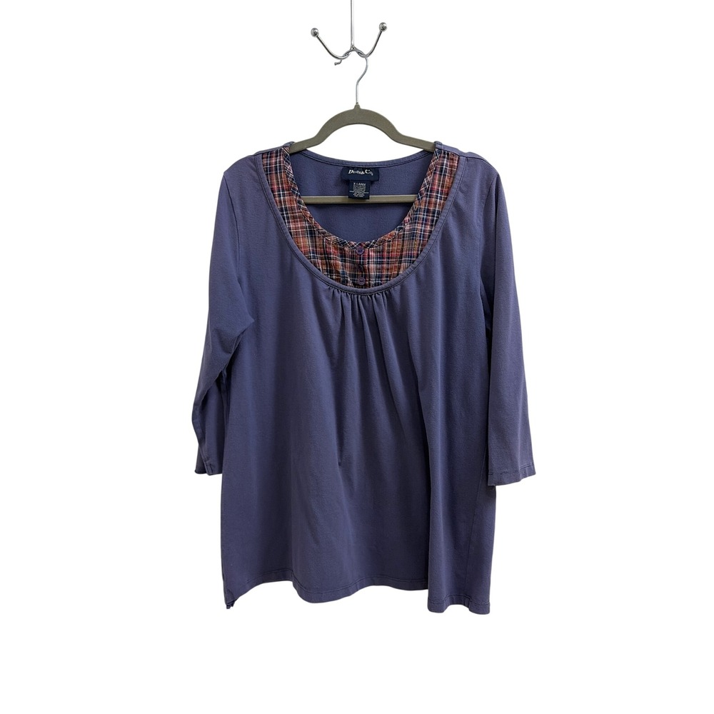 Top Plaid Scoop Neck Cabin Denim & Co Women XL Purple 3/4 Sleeve Knit